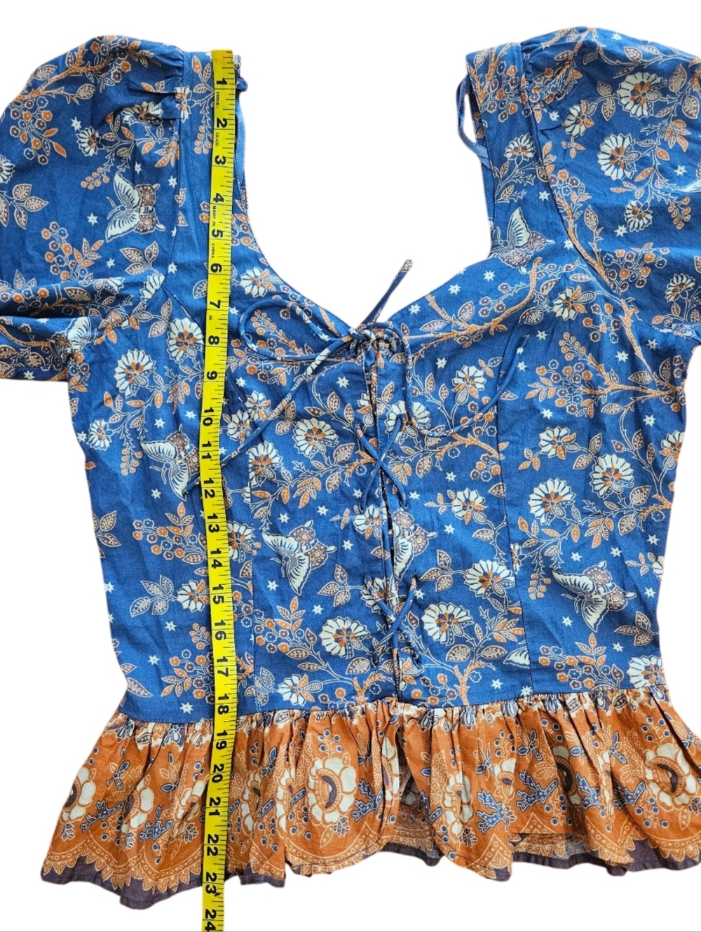 Boho Floral Ruffle Women’s Top - Blue & Orange-Size Medium-NWOT - Picture 4 of 12